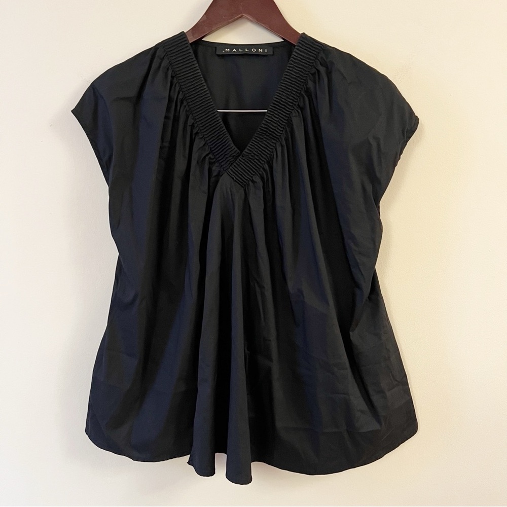 Malloni Black Cap Sleeve Open Wrap Front Blouse Made in Italy Size 40/US 4